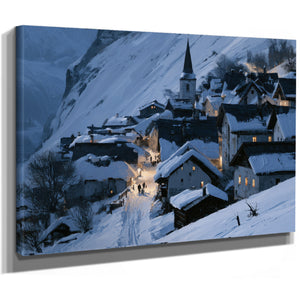 Snowy Alpine Village At Blue Twilight by Bella Frye