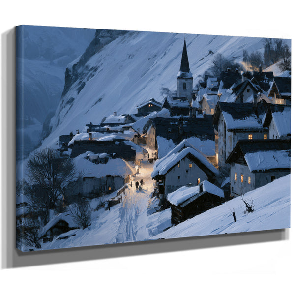 Snowy Alpine Village At Blue Twilight by Bella Frye