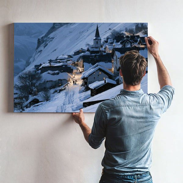 Snowy Alpine Village At Blue Twilight by Bella Frye