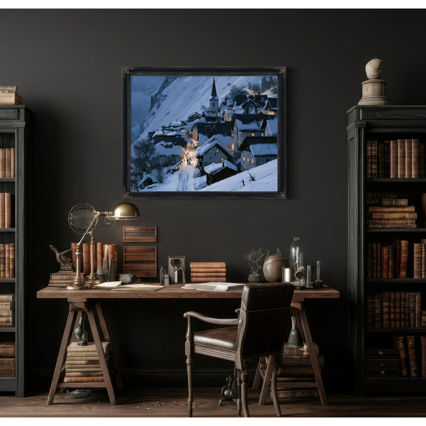Snowy Alpine Village At Blue Twilight by Bella Frye