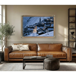 Snowy Alpine Village At Blue Twilight by Bella Frye