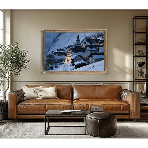 Snowy Alpine Village At Blue Twilight by Bella Frye