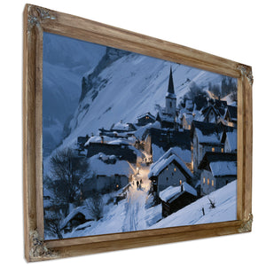 Snowy Alpine Village At Blue Twilight by Bella Frye