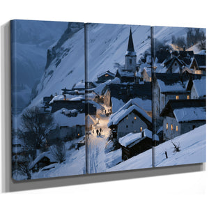 Snowy Alpine Village At Blue Twilight by Bella Frye