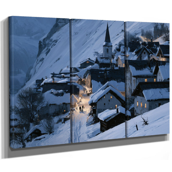 Snowy Alpine Village At Blue Twilight by Bella Frye