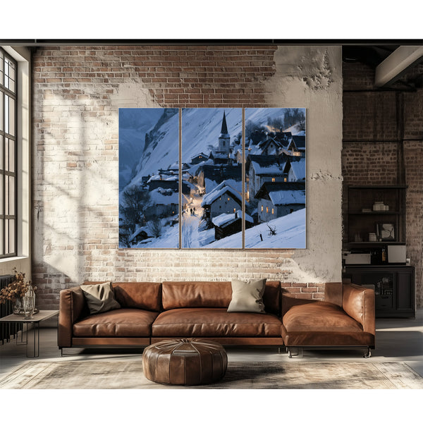 Snowy Alpine Village At Blue Twilight by Bella Frye