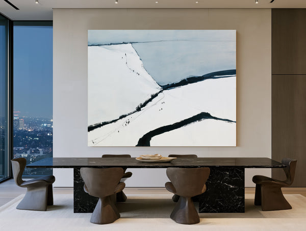 Snowy Hills With Tiny Figures Walking by Bella Frye