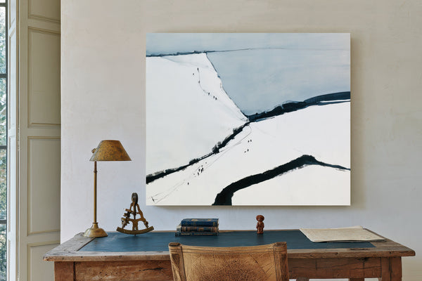 Snowy Hills With Tiny Figures Walking by Bella Frye