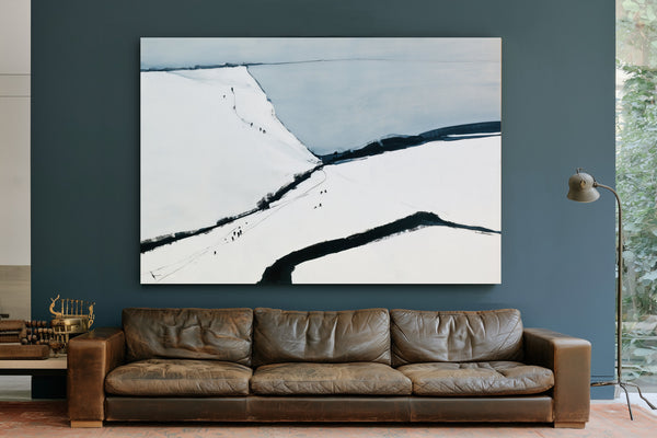 Snowy Hills With Tiny Figures Walking by Bella Frye