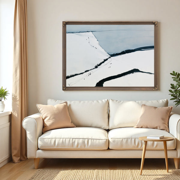 Snowy Hills With Tiny Figures Walking by Bella Frye