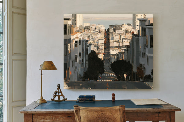 Steep City Street Descending Toward Bay by Bella Frye