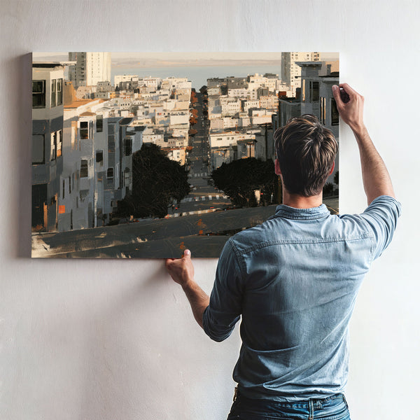 Steep City Street Descending Toward Bay by Bella Frye