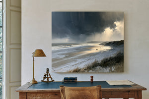 Stormy Beach Walk Beneath Dark Clouds by Bella Frye