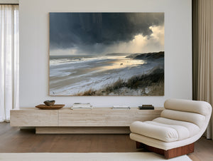 Stormy Beach Walk Beneath Dark Clouds by Bella Frye