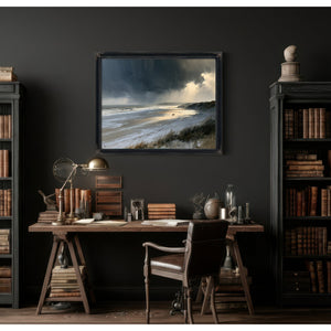 Stormy Beach Walk Beneath Dark Clouds by Bella Frye