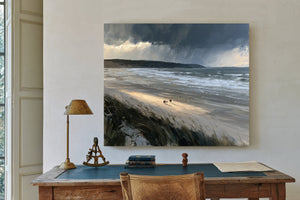 Stormy Beach Walk Under Dark Clouds by Bella Frye