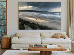 Stormy Beach Walk Under Dark Clouds by Bella Frye