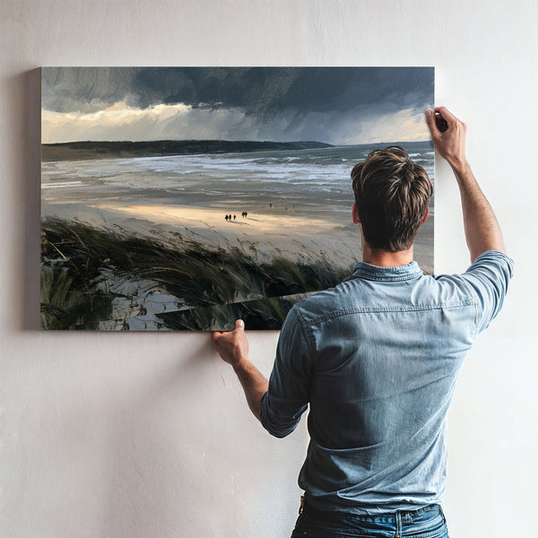Stormy Beach Walk Under Dark Clouds by Bella Frye