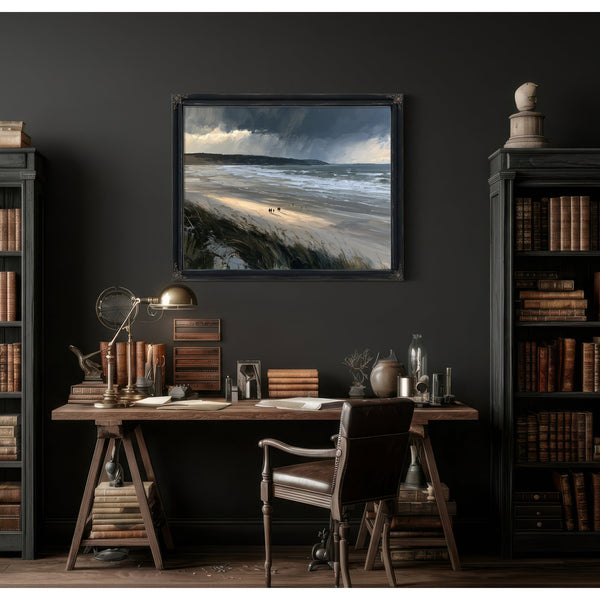 Stormy Beach Walk Under Dark Clouds by Bella Frye