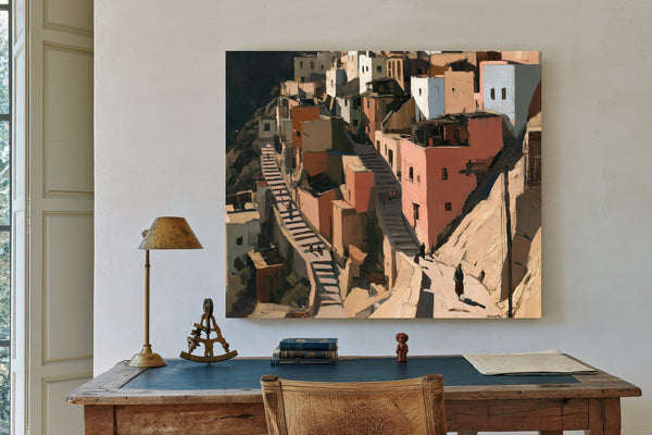 Sunlit Hillside Village With Stairways by Bella Frye