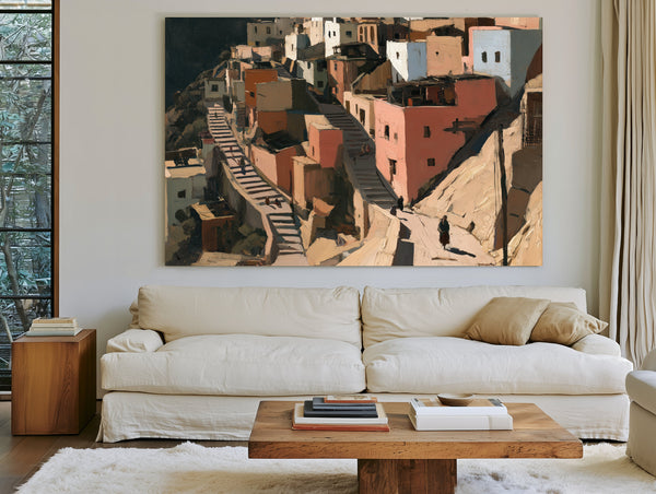 Sunlit Hillside Village With Stairways by Bella Frye