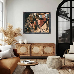 Sunlit Hillside Village With Stairways by Bella Frye