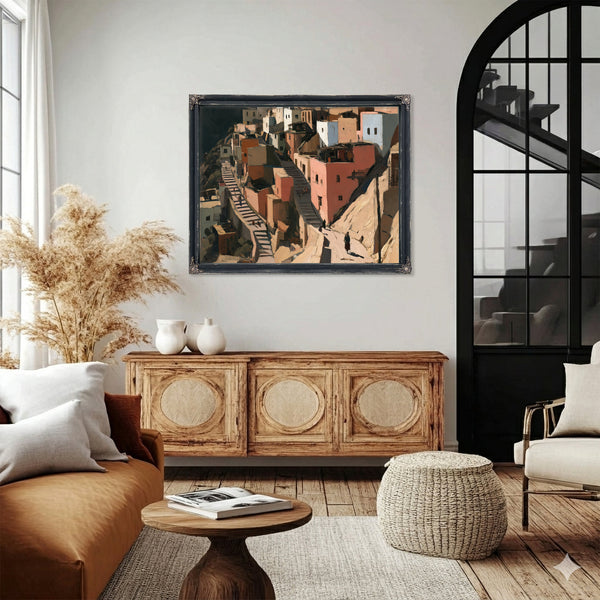 Sunlit Hillside Village With Stairways by Bella Frye