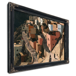 Sunlit Hillside Village With Stairways by Bella Frye