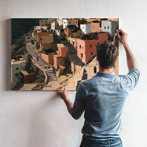 Sunlit Hillside Village With Stairways by Bella Frye