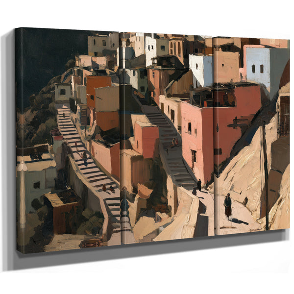 Sunlit Hillside Village With Stairways by Bella Frye