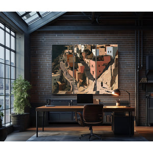 Sunlit Hillside Village With Stairways by Bella Frye