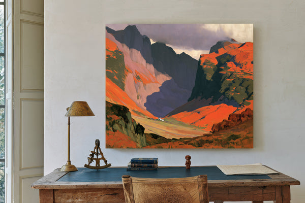 Sunlit Mountain Valley With Stormy Sky by Bella Frye