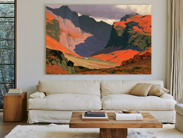 Sunlit Mountain Valley With Stormy Sky by Bella Frye