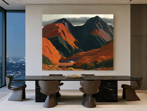White Cottage Dwarfed By Red Mountain Valley by Bella Frye