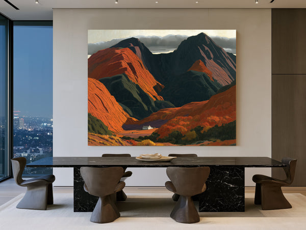 White Cottage Dwarfed By Red Mountain Valley by Bella Frye