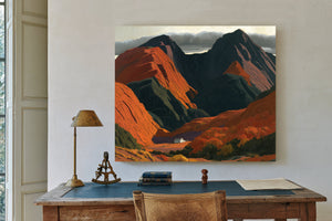 White Cottage Dwarfed By Red Mountain Valley by Bella Frye