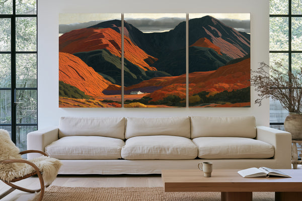 White Cottage Dwarfed By Red Mountain Valley by Bella Frye