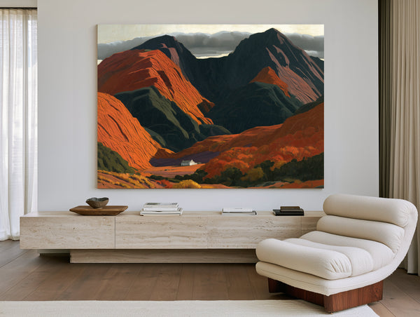White Cottage Dwarfed By Red Mountain Valley by Bella Frye
