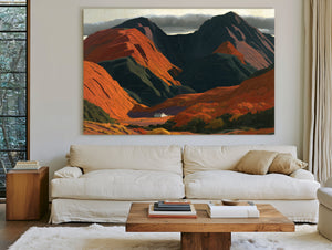 White Cottage Dwarfed By Red Mountain Valley by Bella Frye