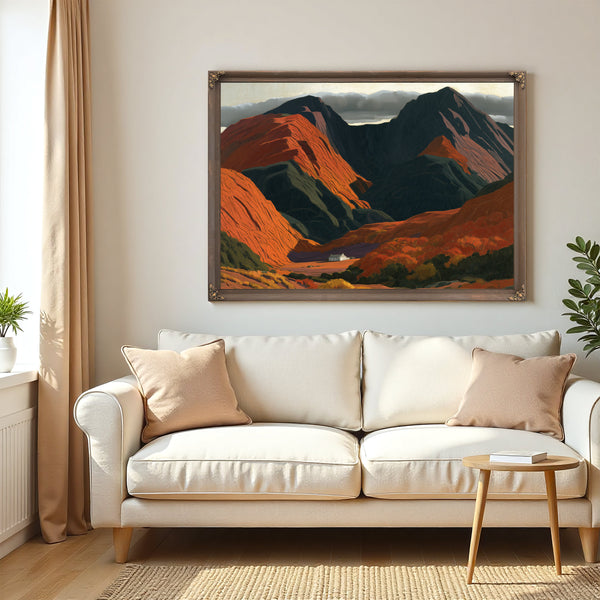 White Cottage Dwarfed By Red Mountain Valley by Bella Frye