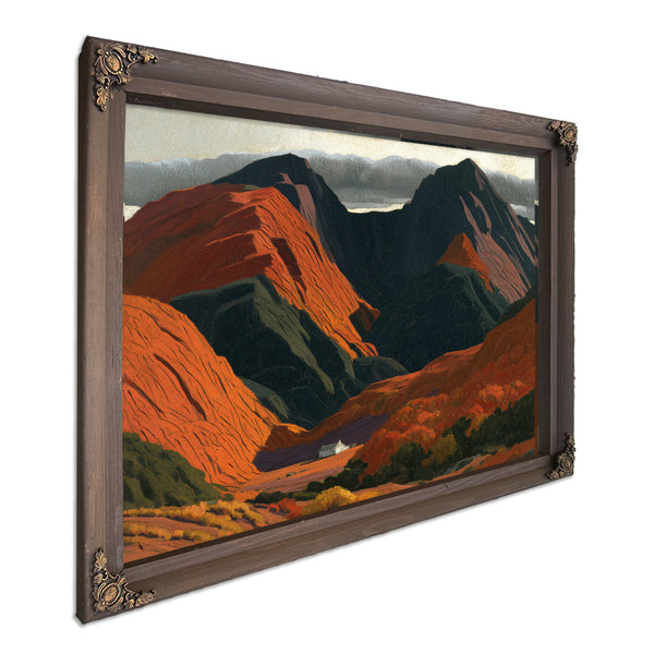 White Cottage Dwarfed By Red Mountain Valley by Bella Frye