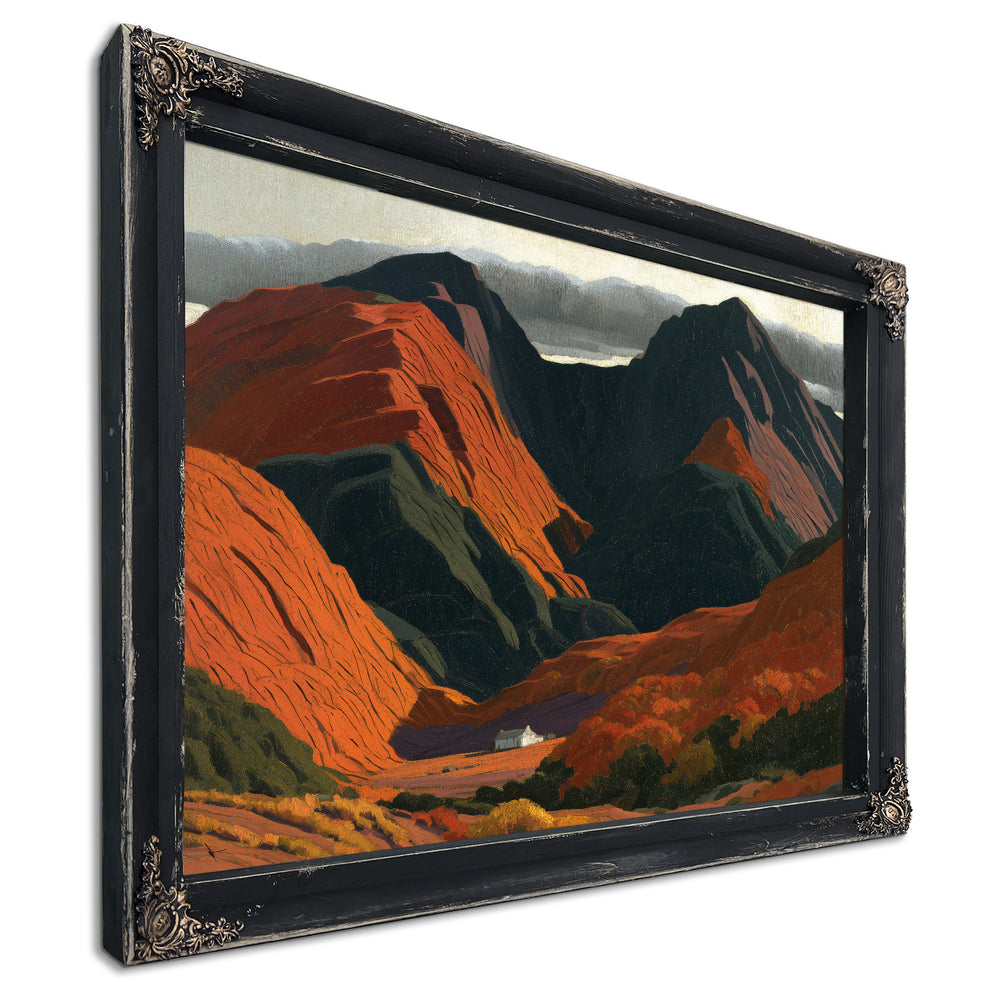 White Cottage Dwarfed By Red Mountain Valley by Bella Frye