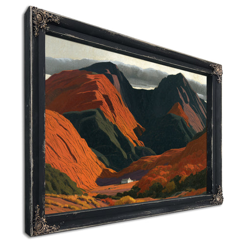 White Cottage Dwarfed By Red Mountain Valley by Bella Frye