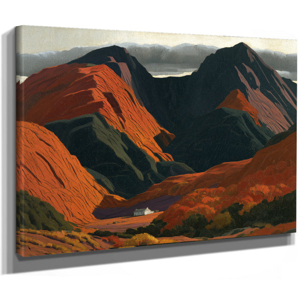 White Cottage Dwarfed By Red Mountain Valley by Bella Frye