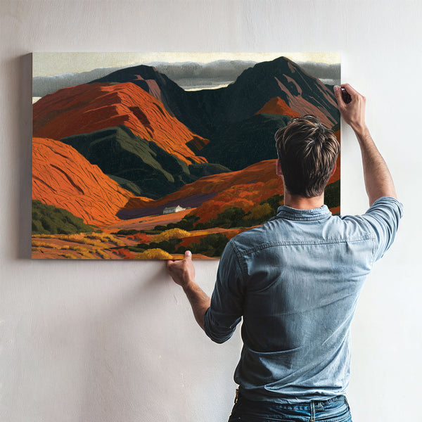 White Cottage Dwarfed By Red Mountain Valley by Bella Frye