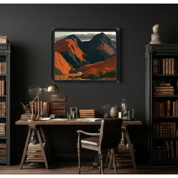 White Cottage Dwarfed By Red Mountain Valley by Bella Frye