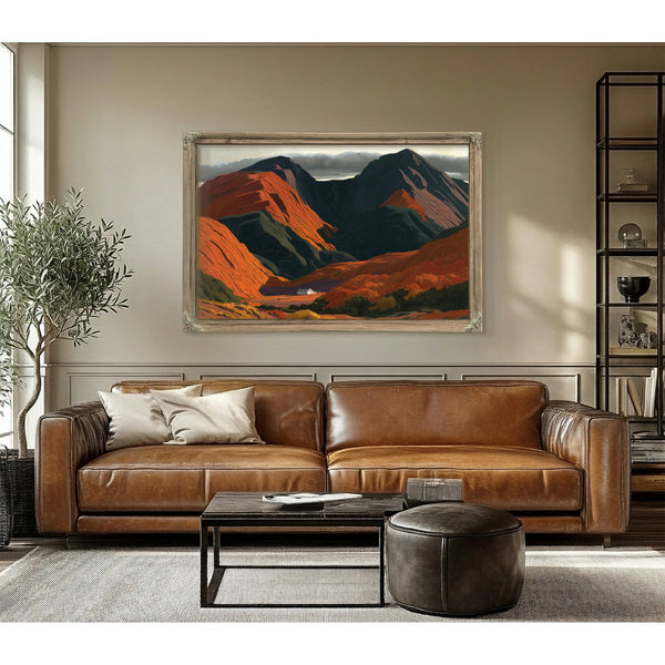 White Cottage Dwarfed By Red Mountain Valley by Bella Frye