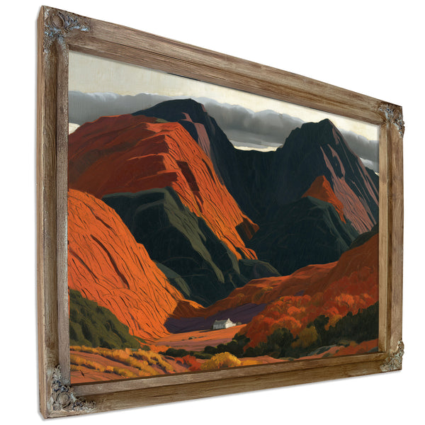White Cottage Dwarfed By Red Mountain Valley by Bella Frye