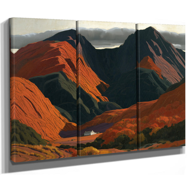 White Cottage Dwarfed By Red Mountain Valley by Bella Frye