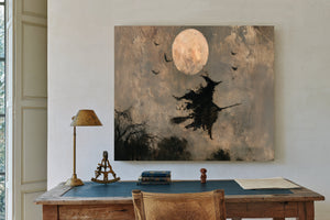 Witch On Broomstick Flying Full Moon Night by Bella Frye